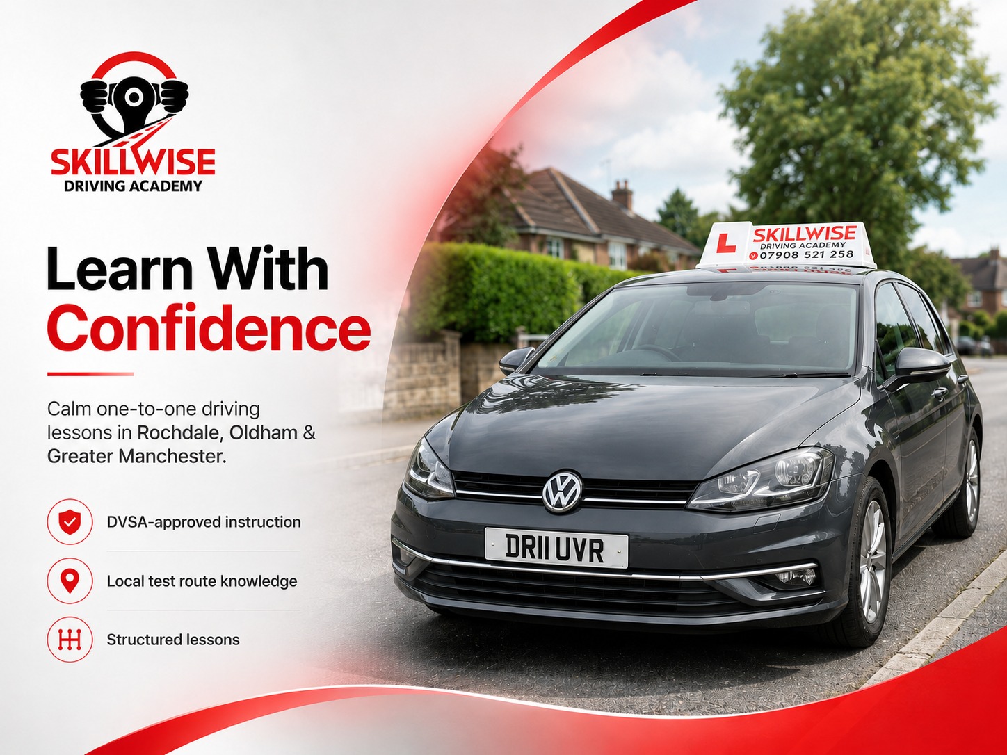 Genuine SkillWise Driving Academy tuition vehicle with roof sign, parked on a residential street